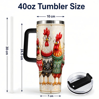#pl[40oz|Black] Christmas Chickens 40oz Tumbler with Handle, Festive Hen Family Design