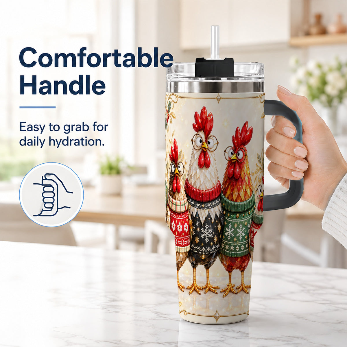 #pl[40oz|Black] Christmas Chickens 40oz Tumbler with Handle, Festive Hen Family Design