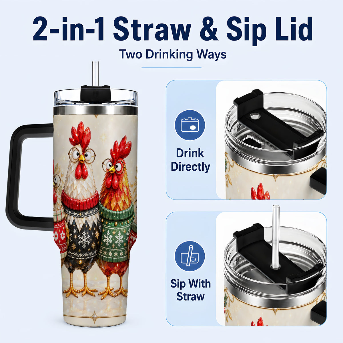 #pl[40oz|Black] Christmas Chickens 40oz Tumbler with Handle, Festive Hen Family Design