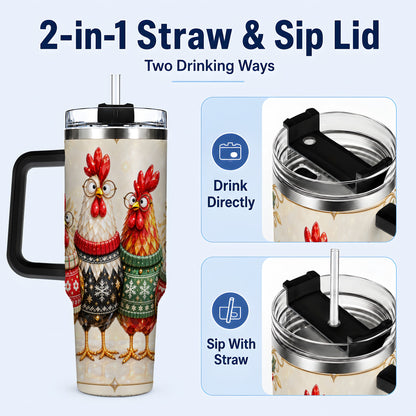 #pl[40oz|Black] Christmas Chickens 40oz Tumbler with Handle, Festive Hen Family Design