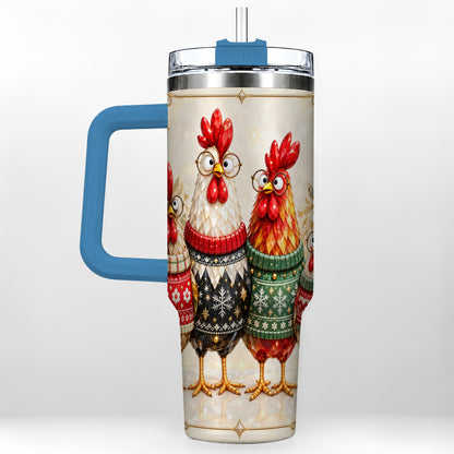 #pl[40oz|Blue] Christmas Chickens 40oz Tumbler with Handle, Festive Hen Family Design