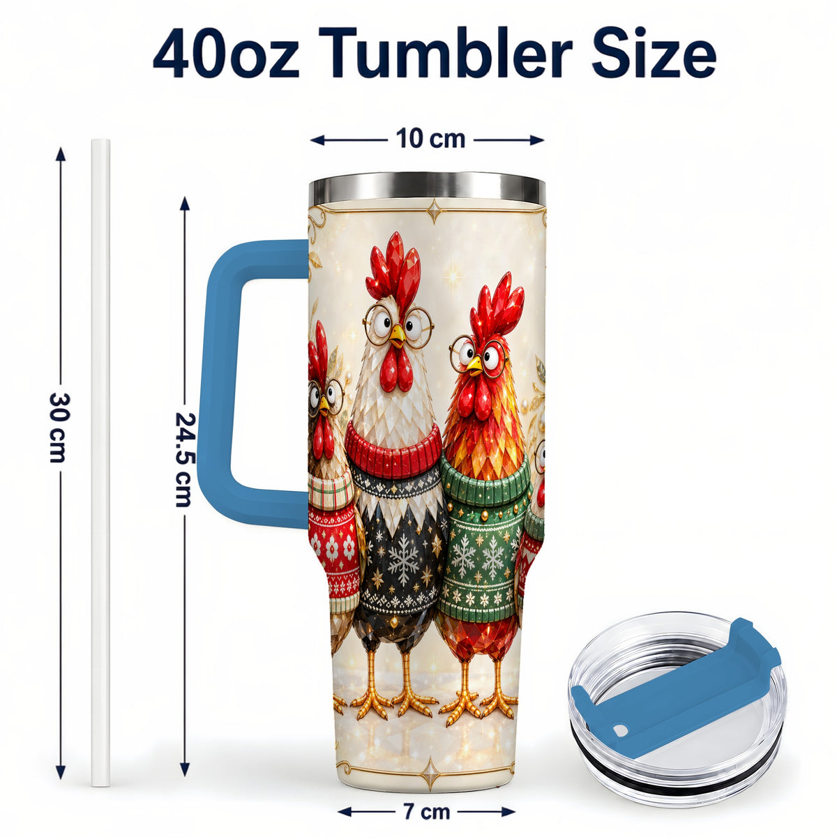 #pl[40oz|Blue] Christmas Chickens 40oz Tumbler with Handle, Festive Hen Family Design