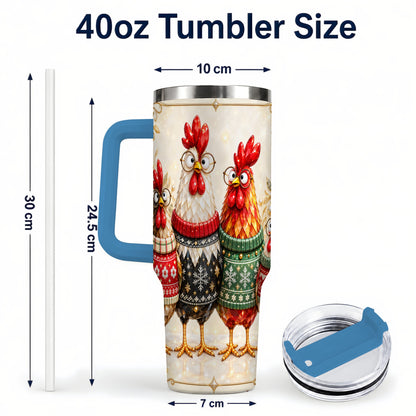 #pl[40oz|Blue] Christmas Chickens 40oz Tumbler with Handle, Festive Hen Family Design