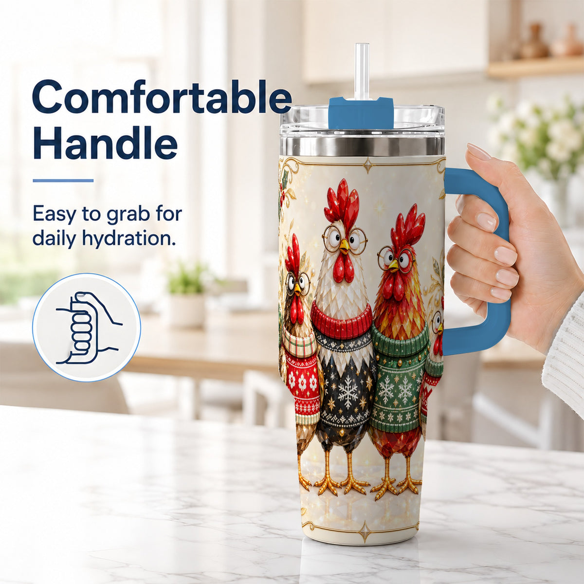 #pl[40oz|Blue] Christmas Chickens 40oz Tumbler with Handle, Festive Hen Family Design