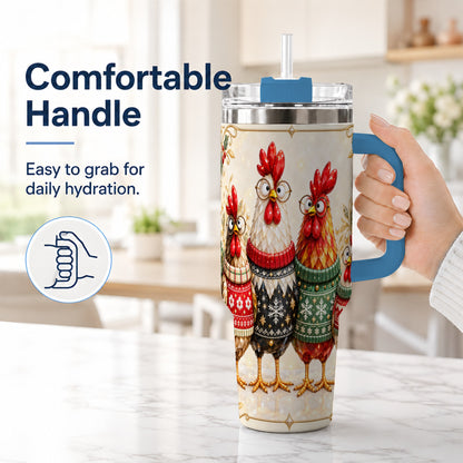 #pl[40oz|Blue] Christmas Chickens 40oz Tumbler with Handle, Festive Hen Family Design