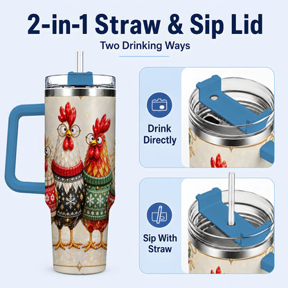 #pl[40oz|Blue] Christmas Chickens 40oz Tumbler with Handle, Festive Hen Family Design