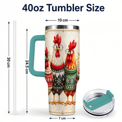 #pl[40oz|Green] Christmas Chickens 40oz Tumbler with Handle, Festive Hen Family Design