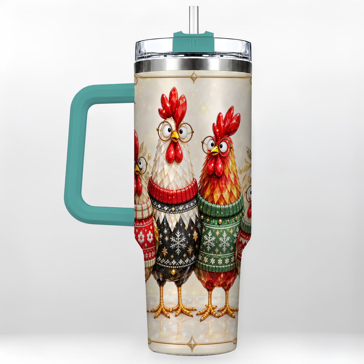 #pl[40oz|Green] Christmas Chickens 40oz Tumbler with Handle, Festive Hen Family Design