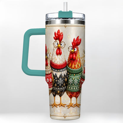 #pl[40oz|Green] Christmas Chickens 40oz Tumbler with Handle, Festive Hen Family Design