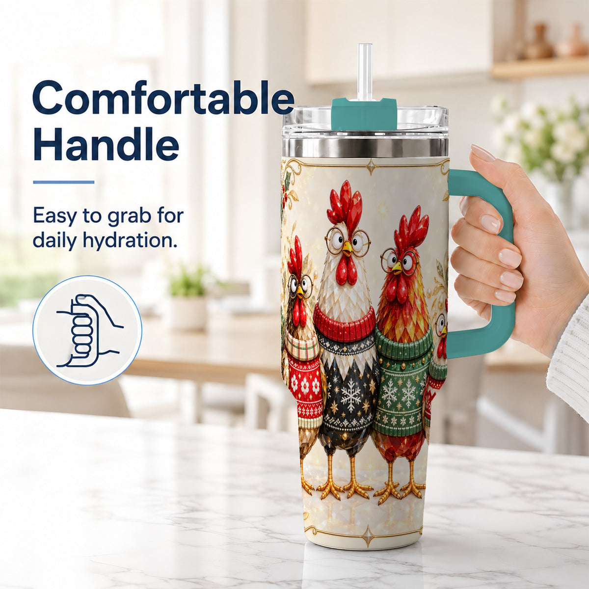 #pl[40oz|Green] Christmas Chickens 40oz Tumbler with Handle, Festive Hen Family Design