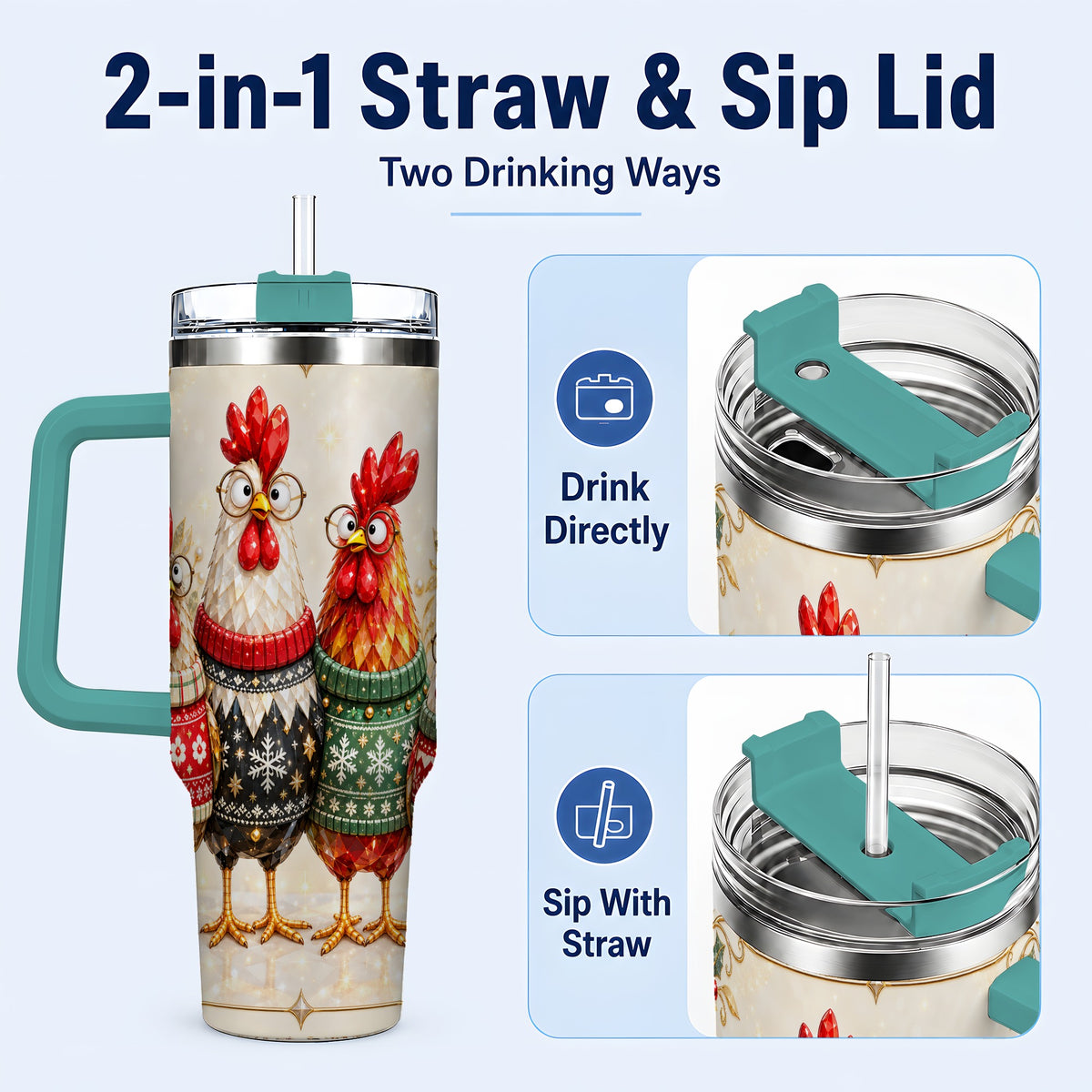 #pl[40oz|Green] Christmas Chickens 40oz Tumbler with Handle, Festive Hen Family Design
