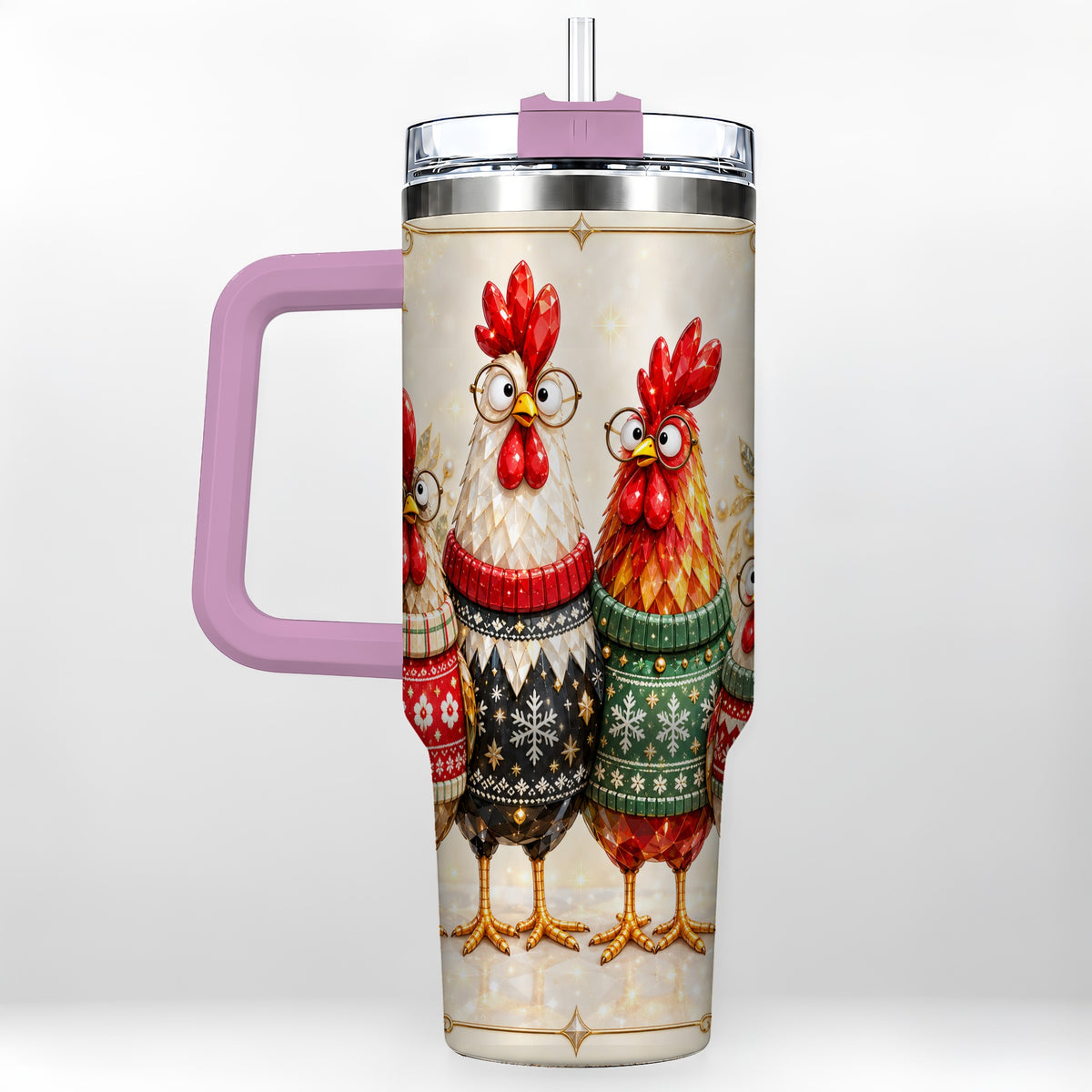 #pl[40oz|Pink] Christmas Chickens 40oz Tumbler with Handle, Festive Hen Family Design