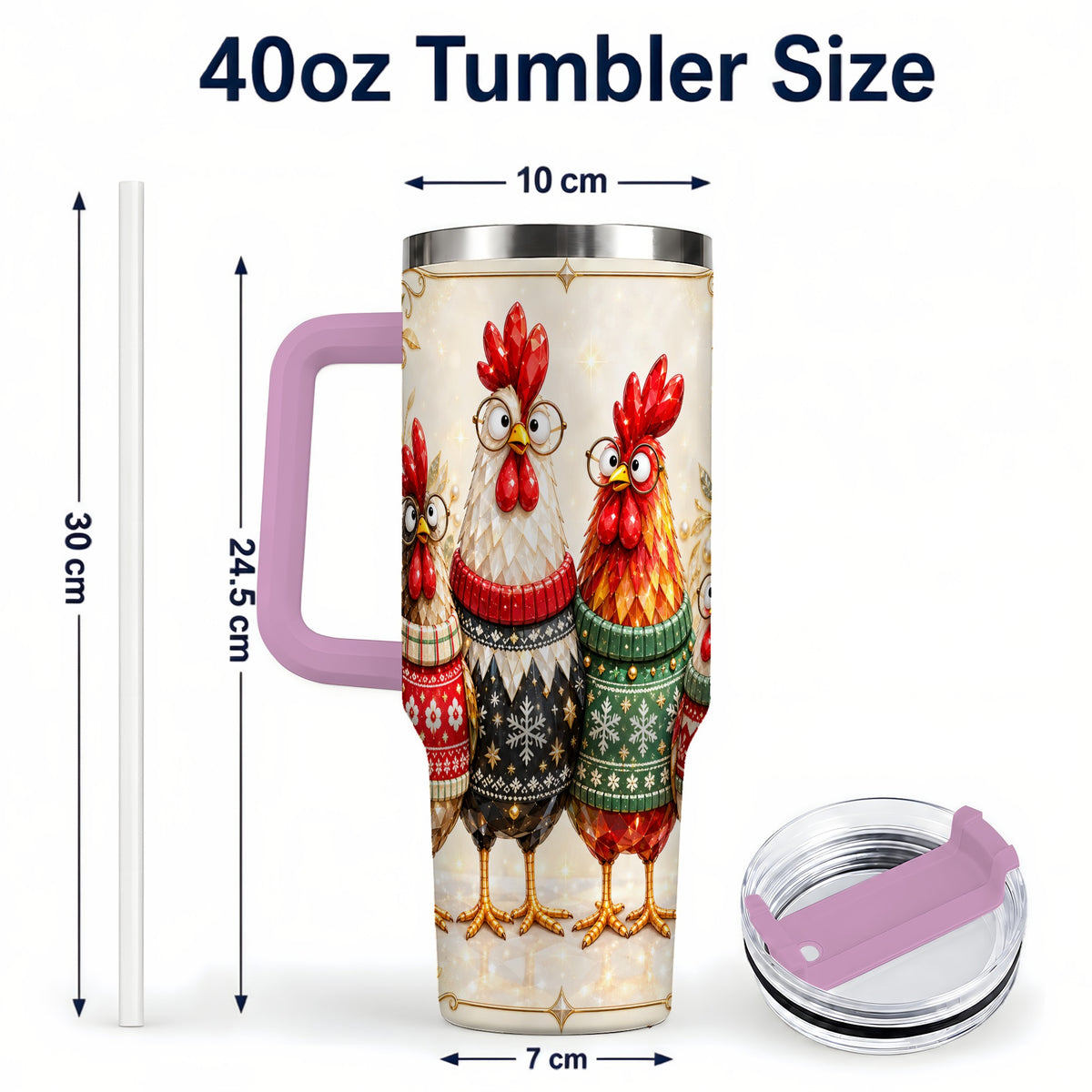 #pl[40oz|Pink] Christmas Chickens 40oz Tumbler with Handle, Festive Hen Family Design