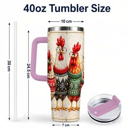 #pl[40oz|Pink] Christmas Chickens 40oz Tumbler with Handle, Festive Hen Family Design