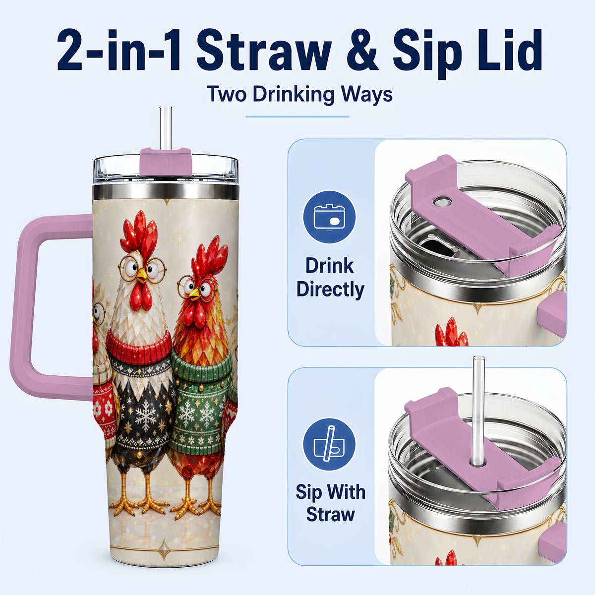 #pl[40oz|Pink] Christmas Chickens 40oz Tumbler with Handle, Festive Hen Family Design