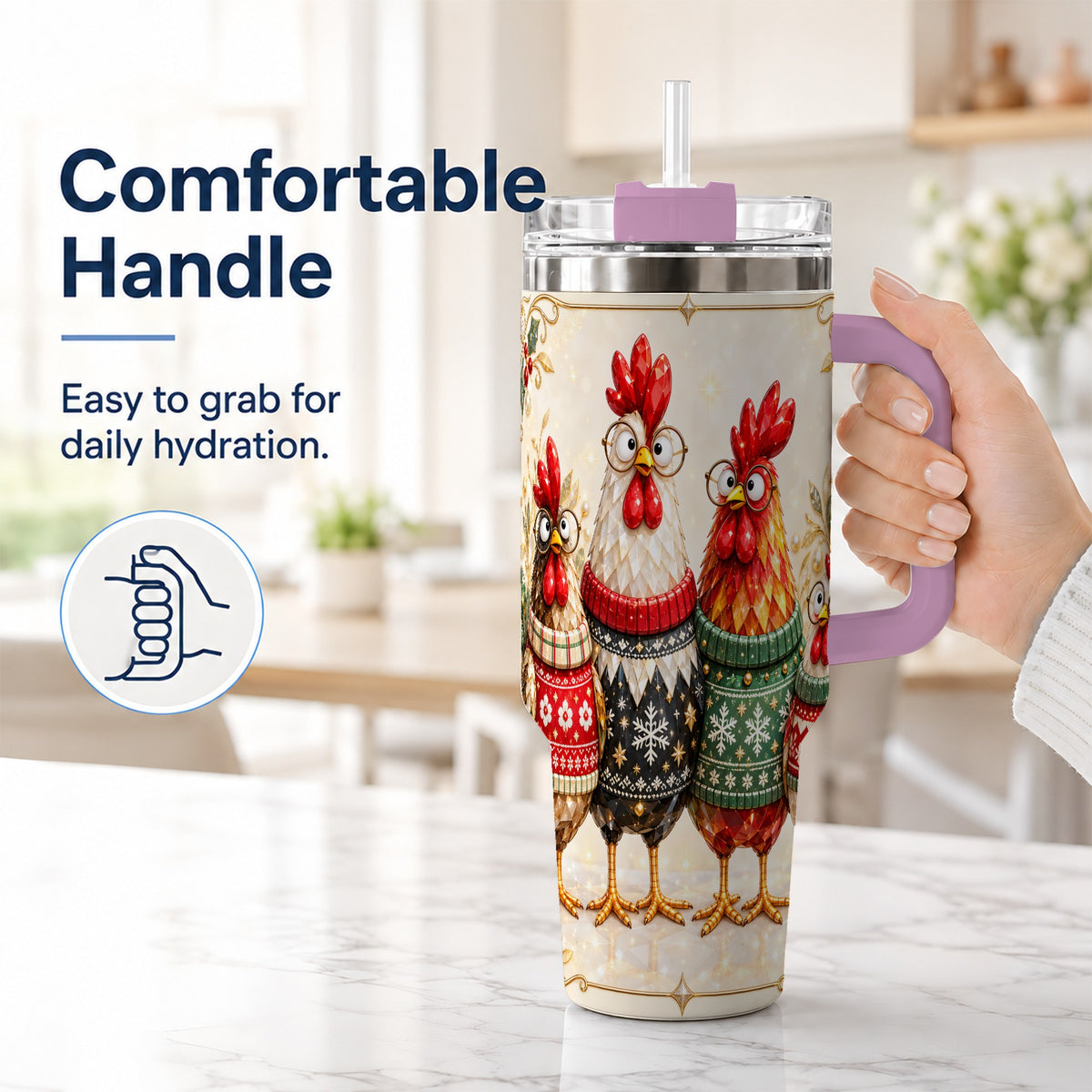 #pl[40oz|Pink] Christmas Chickens 40oz Tumbler with Handle, Festive Hen Family Design