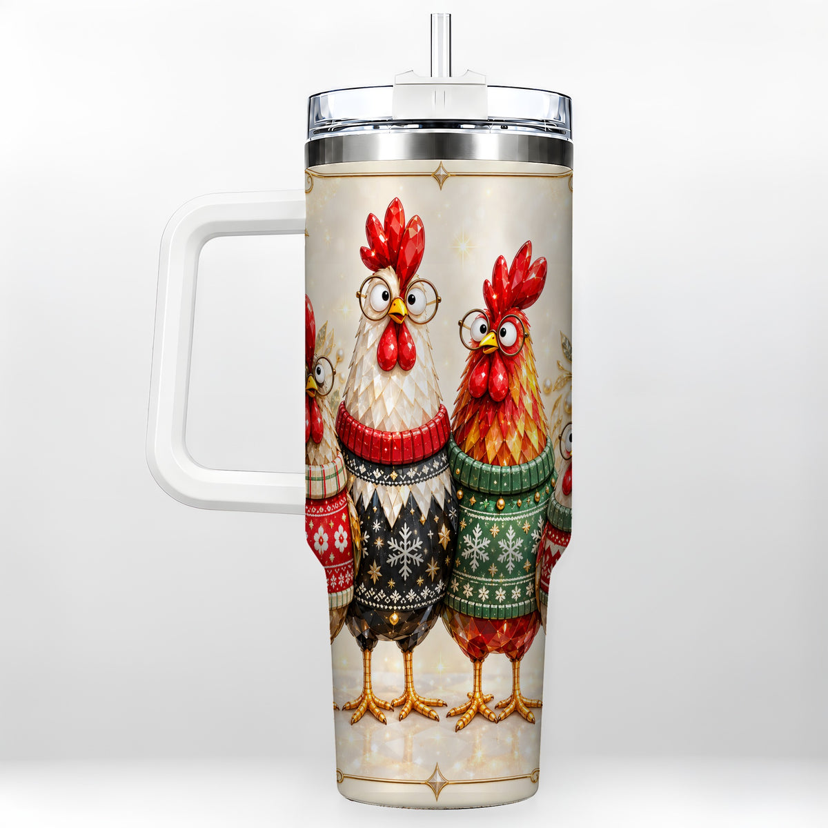 Christmas Chickens 40oz Tumbler with Handle, Festive Hen Family Design