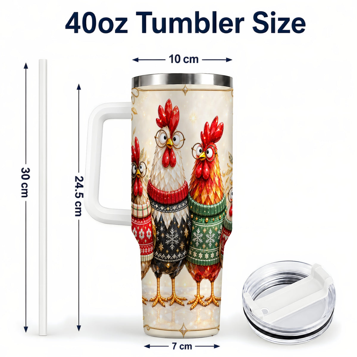 #pl[40oz|White] Christmas Chickens 40oz Tumbler with Handle, Festive Hen Family Design
