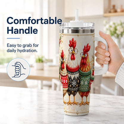 #pl[40oz|White] Christmas Chickens 40oz Tumbler with Handle, Festive Hen Family Design