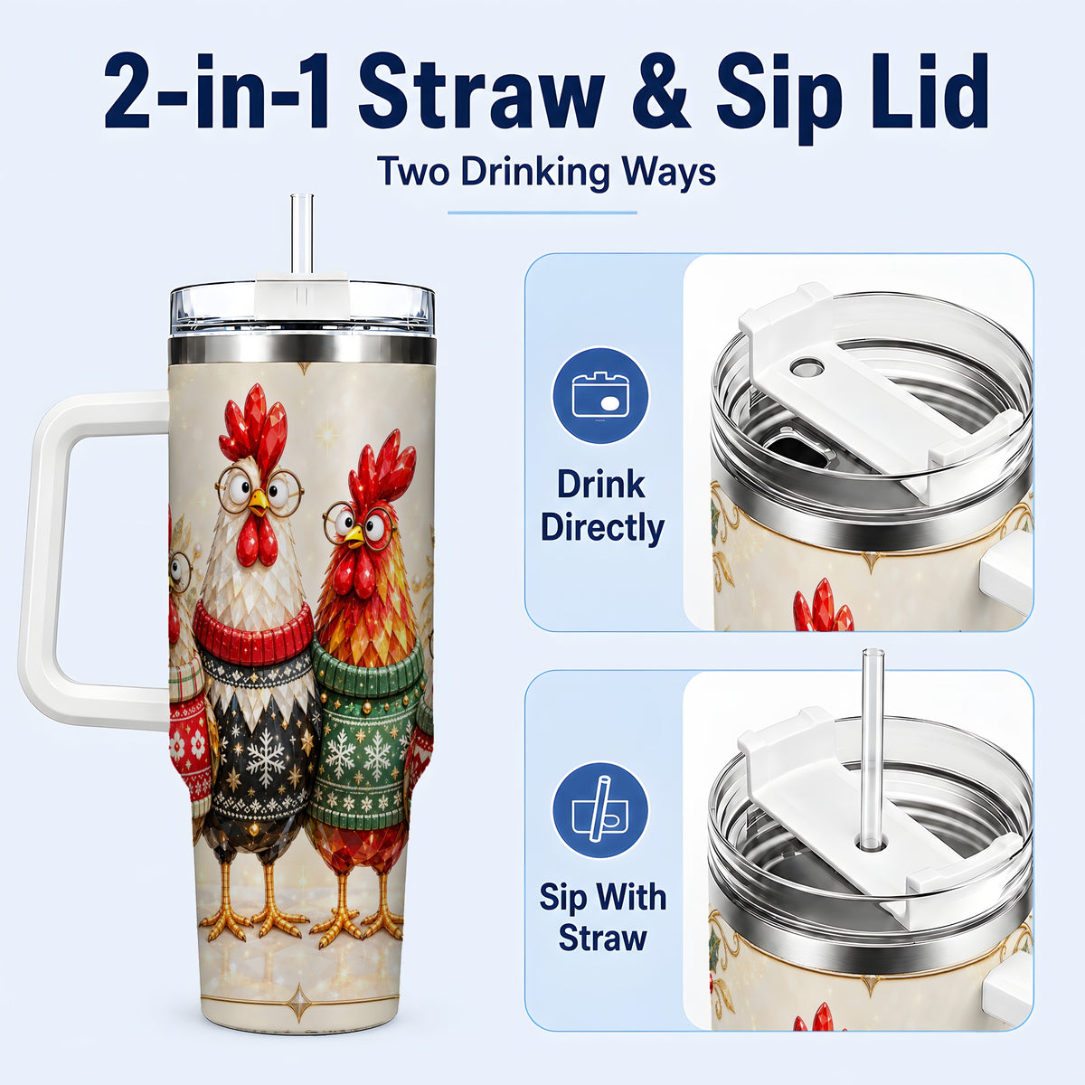 #pl[40oz|White] Christmas Chickens 40oz Tumbler with Handle, Festive Hen Family Design