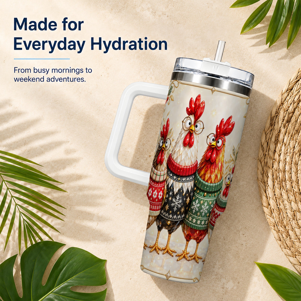 Christmas Chickens 40oz Tumbler with Handle, Festive Hen Family Design