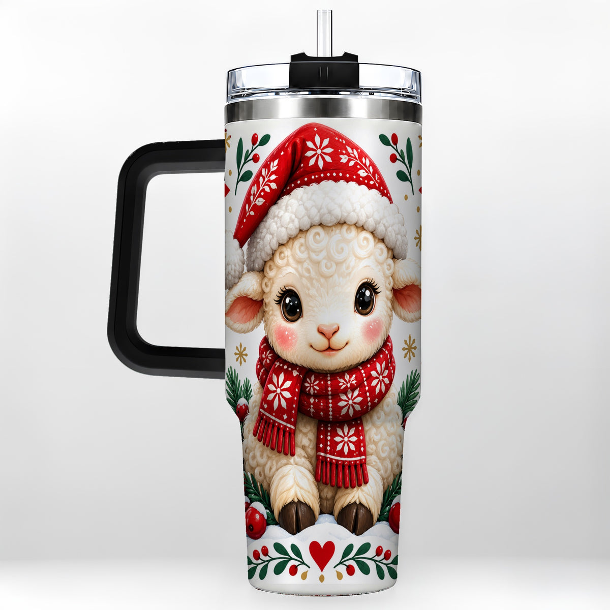 #pl[40oz|Black] Christmas Lamb 40oz Tumbler with Handle, Holiday Sheep Drinkware