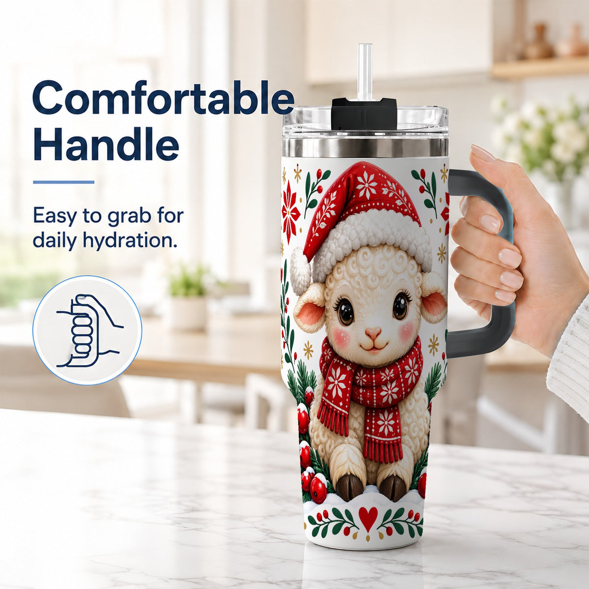 #pl[40oz|Black] Christmas Lamb 40oz Tumbler with Handle, Holiday Sheep Drinkware