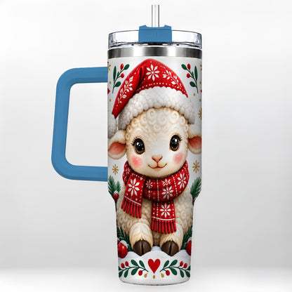 #pl[40oz|Blue] Christmas Lamb 40oz Tumbler with Handle, Holiday Sheep Drinkware