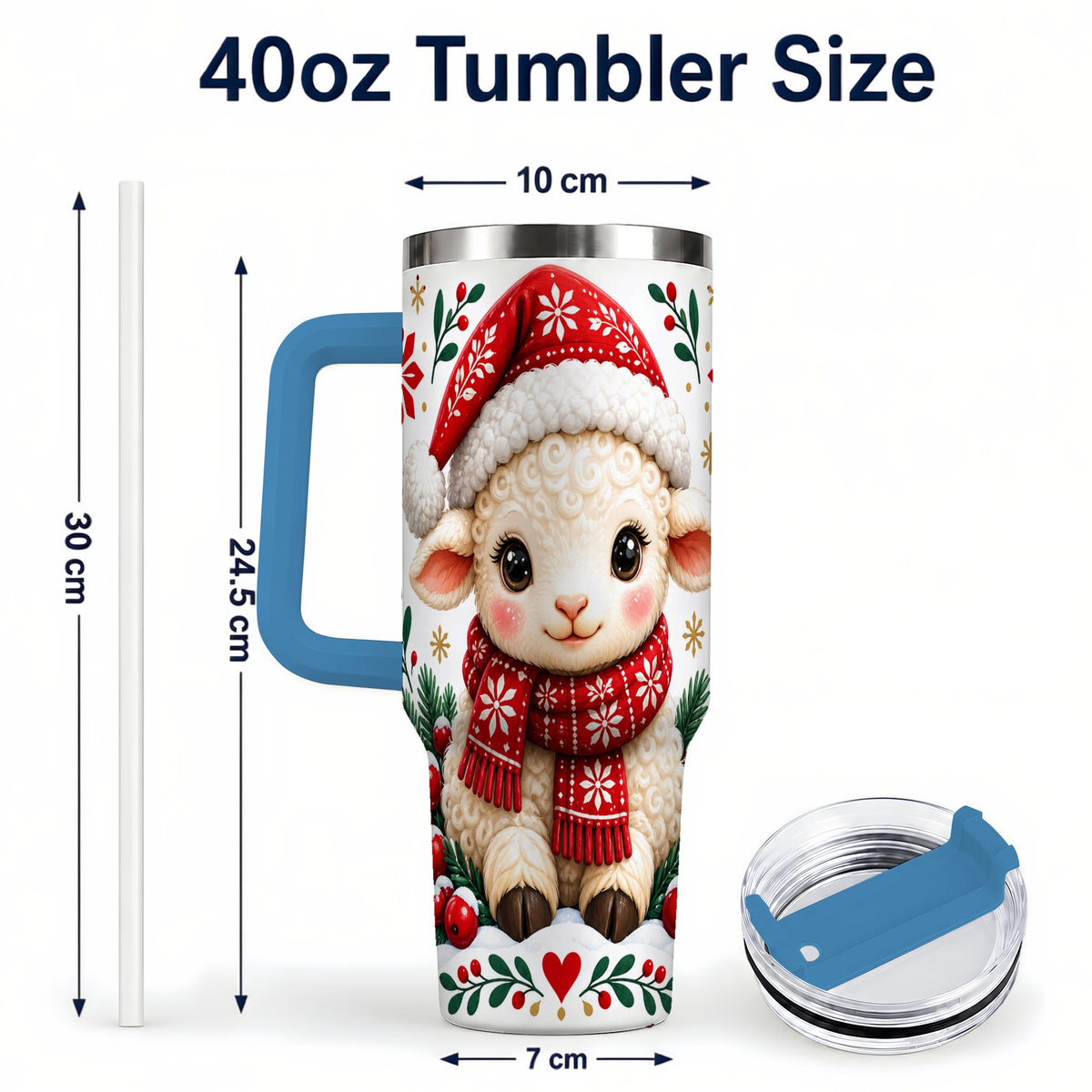 #pl[40oz|Blue] Christmas Lamb 40oz Tumbler with Handle, Holiday Sheep Drinkware