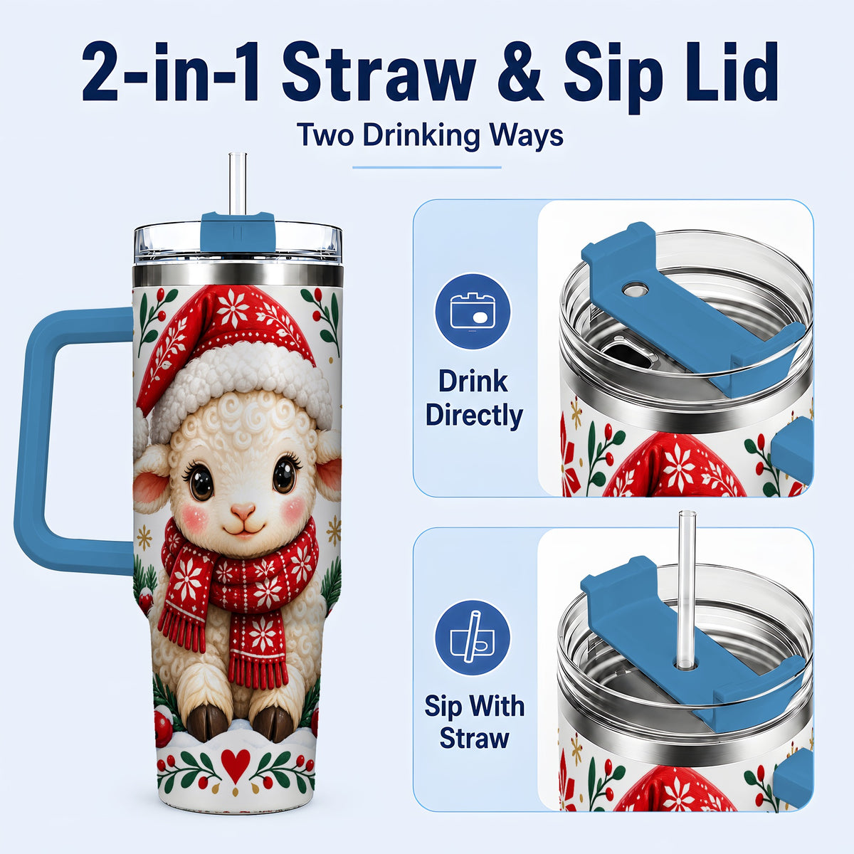 #pl[40oz|Blue] Christmas Lamb 40oz Tumbler with Handle, Holiday Sheep Drinkware
