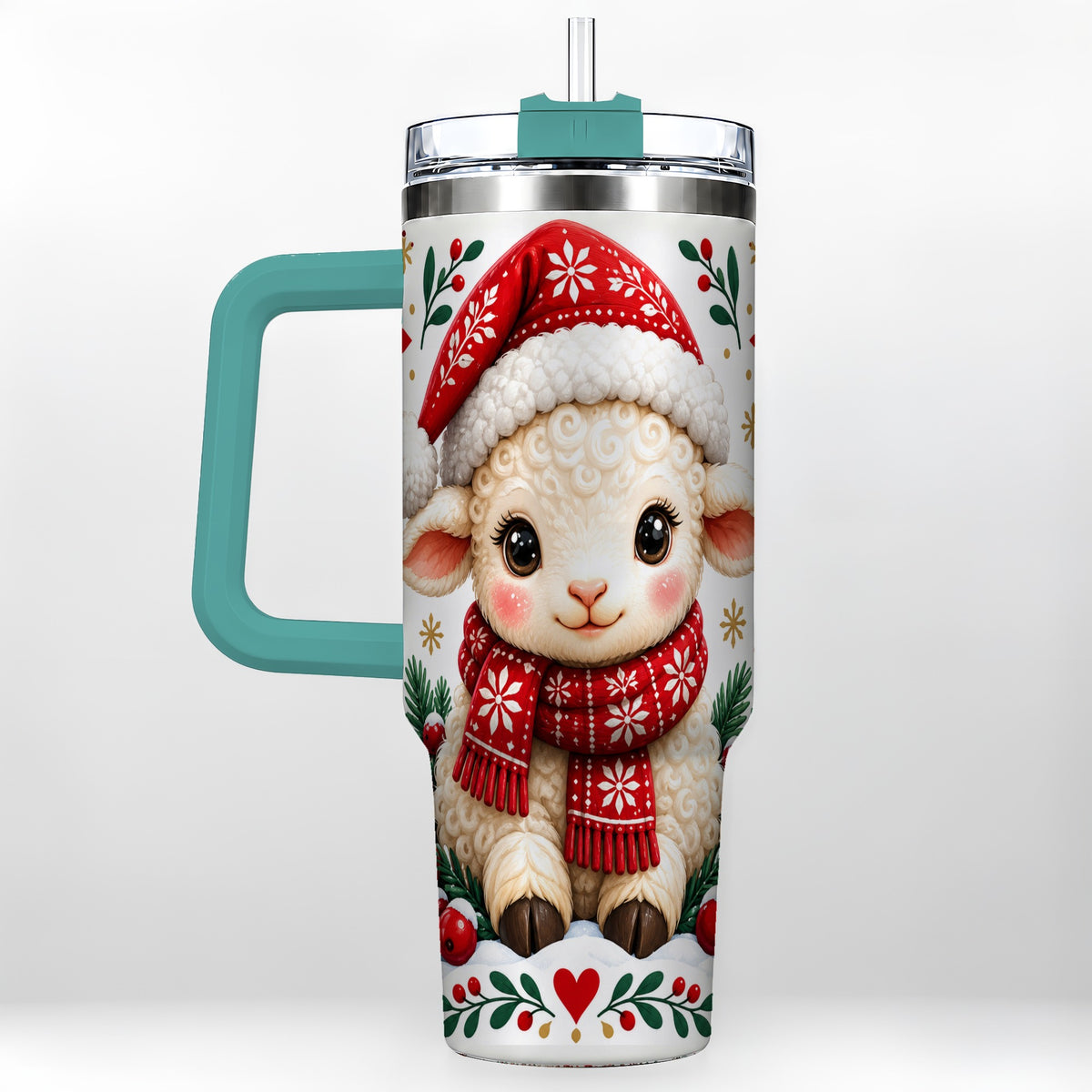 #pl[40oz|Green] Christmas Lamb 40oz Tumbler with Handle, Holiday Sheep Drinkware