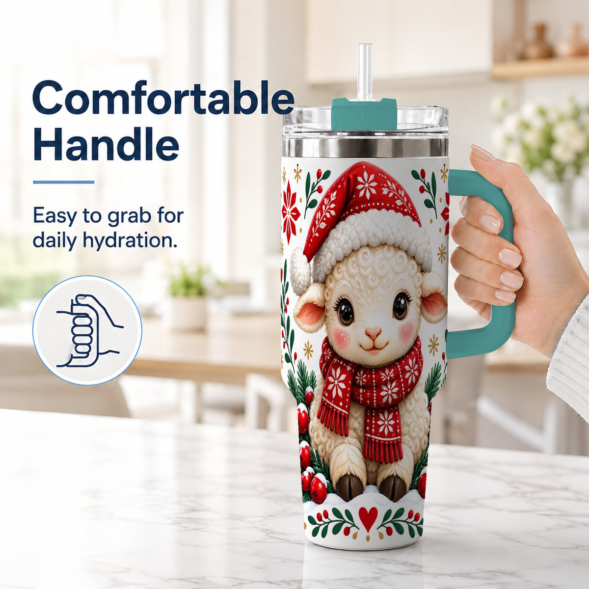 #pl[40oz|Green] Christmas Lamb 40oz Tumbler with Handle, Holiday Sheep Drinkware