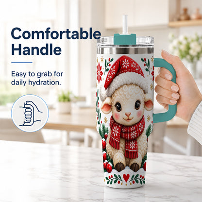 #pl[40oz|Green] Christmas Lamb 40oz Tumbler with Handle, Holiday Sheep Drinkware