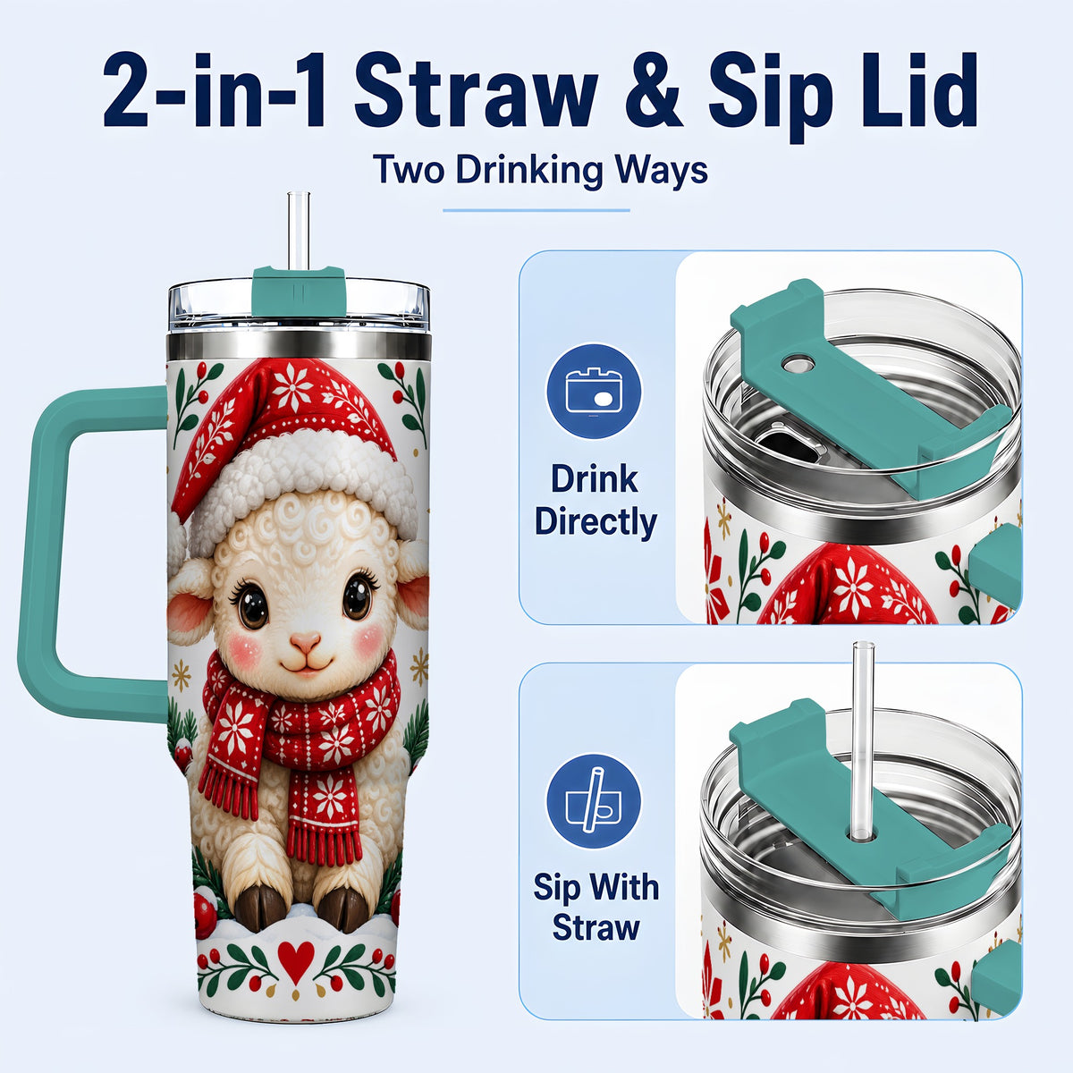 #pl[40oz|Green] Christmas Lamb 40oz Tumbler with Handle, Holiday Sheep Drinkware