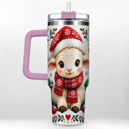 #pl[40oz|Pink] Christmas Lamb 40oz Tumbler with Handle, Holiday Sheep Drinkware