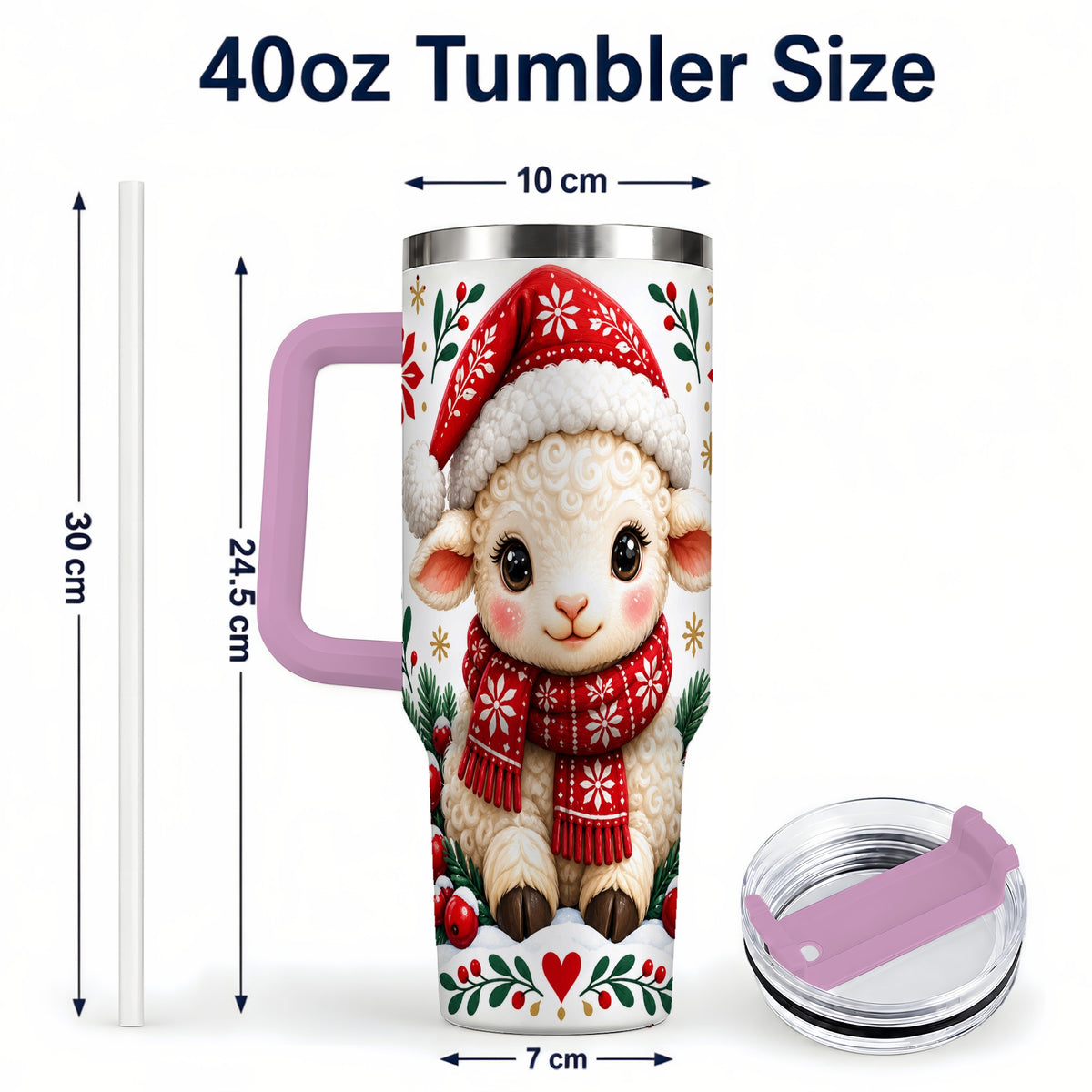 #pl[40oz|Pink] Christmas Lamb 40oz Tumbler with Handle, Holiday Sheep Drinkware