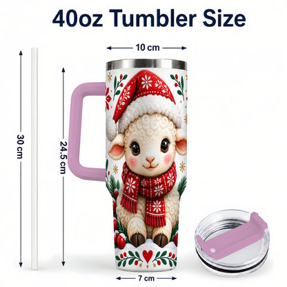 #pl[40oz|Pink] Christmas Lamb 40oz Tumbler with Handle, Holiday Sheep Drinkware