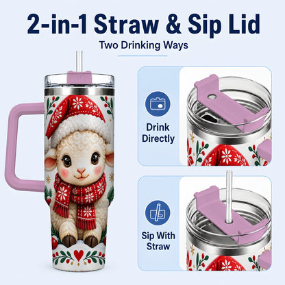 #pl[40oz|Pink] Christmas Lamb 40oz Tumbler with Handle, Holiday Sheep Drinkware
