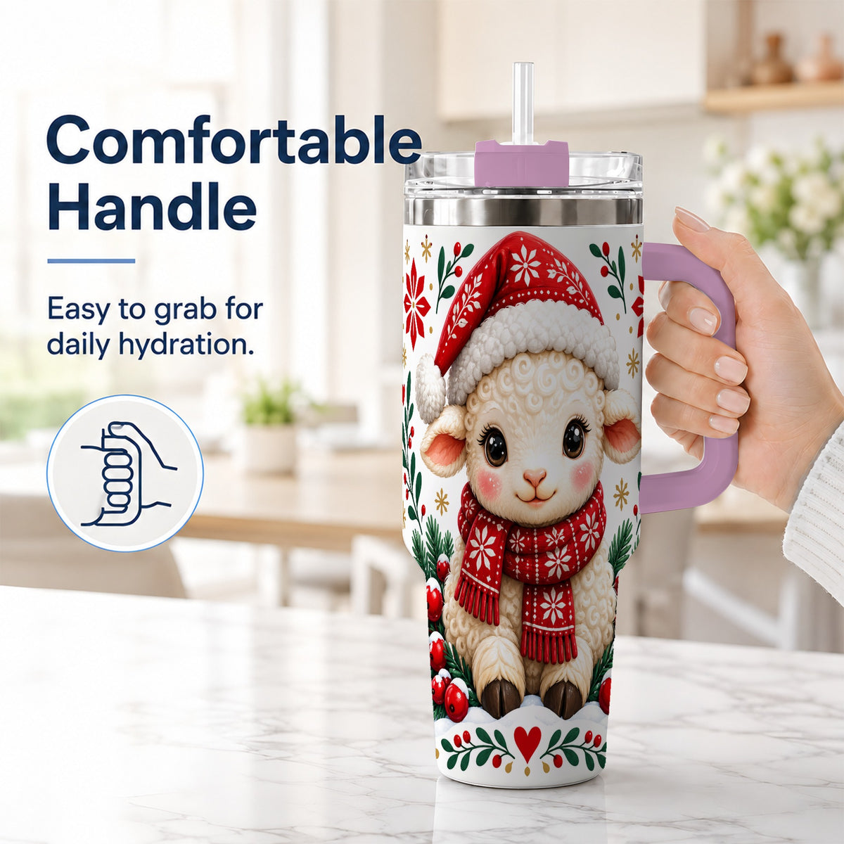 #pl[40oz|Pink] Christmas Lamb 40oz Tumbler with Handle, Holiday Sheep Drinkware