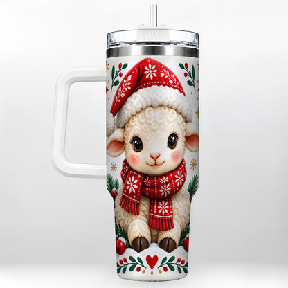 Christmas Lamb 40oz Tumbler with Handle, Holiday Sheep Drinkware