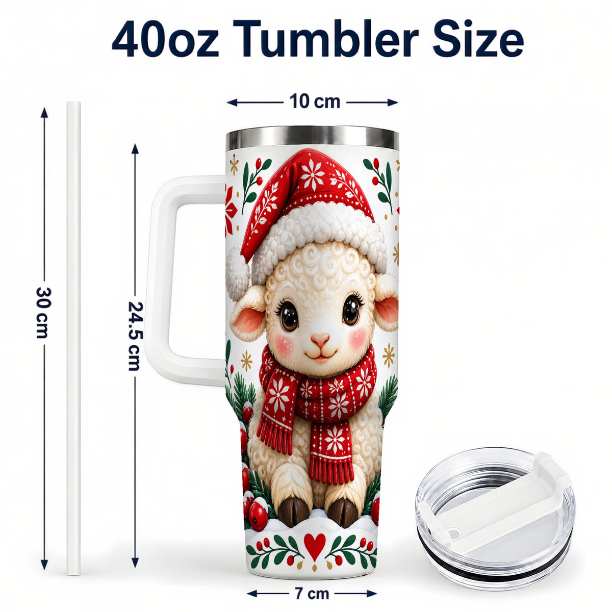 #pl[40oz|White] Christmas Lamb 40oz Tumbler with Handle, Holiday Sheep Drinkware