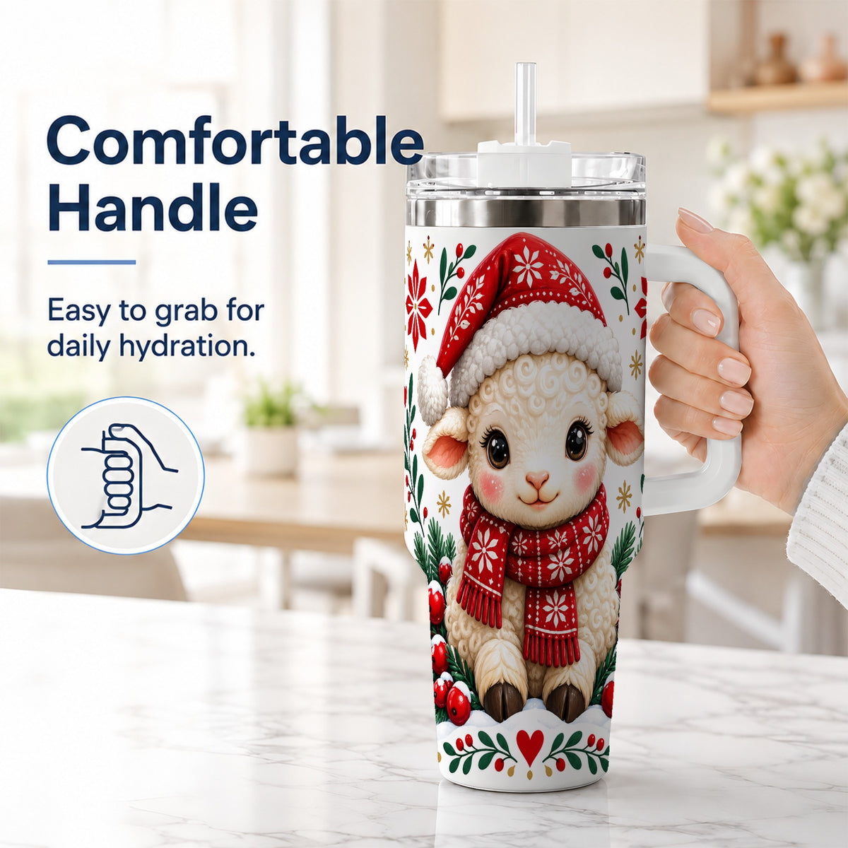 #pl[40oz|White] Christmas Lamb 40oz Tumbler with Handle, Holiday Sheep Drinkware
