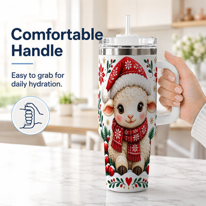 #pl[40oz|White] Christmas Lamb 40oz Tumbler with Handle, Holiday Sheep Drinkware