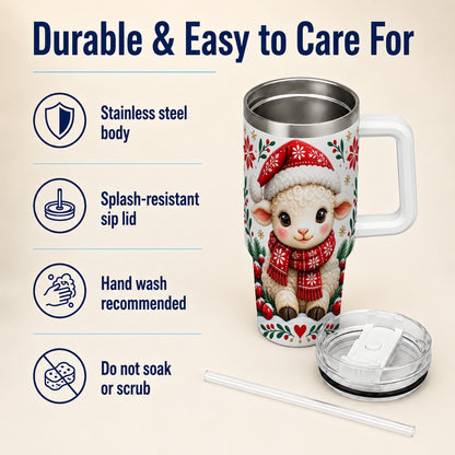 Christmas Lamb 40oz Tumbler with Handle, Holiday Sheep Drinkware