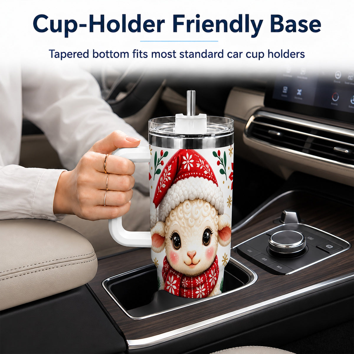 Christmas Lamb 40oz Tumbler with Handle, Holiday Sheep Drinkware