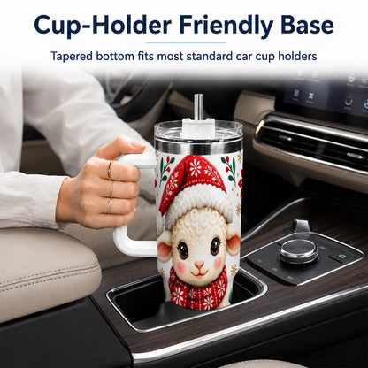 Christmas Lamb 40oz Tumbler with Handle, Holiday Sheep Drinkware