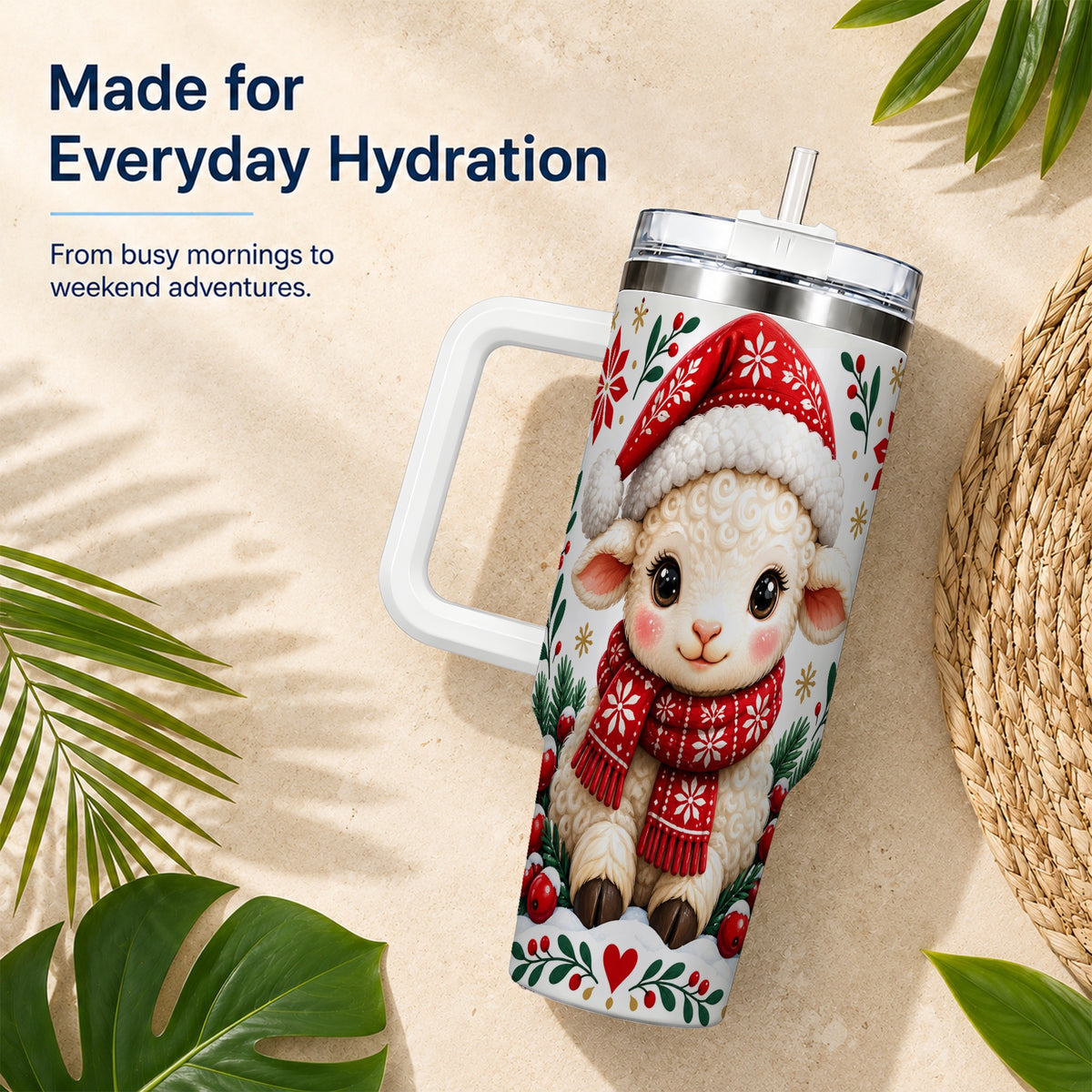 Christmas Lamb 40oz Tumbler with Handle, Holiday Sheep Drinkware