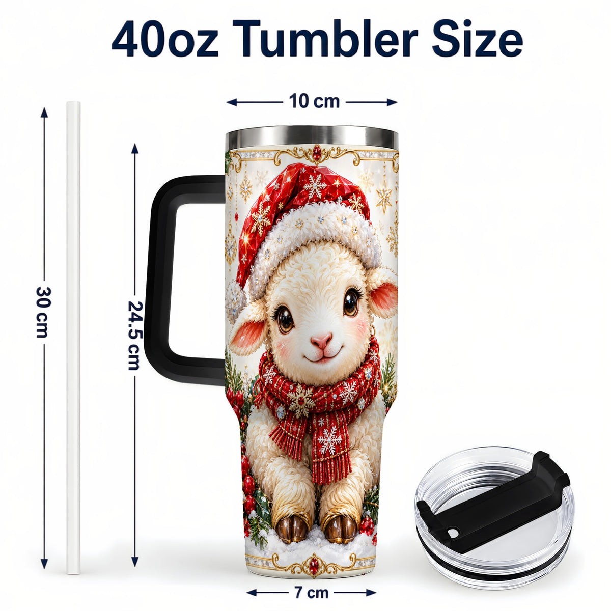 #pl[40oz|Black] Jeweled Christmas Lamb 40oz Tumbler with Handle, Ruby Holiday Sheep