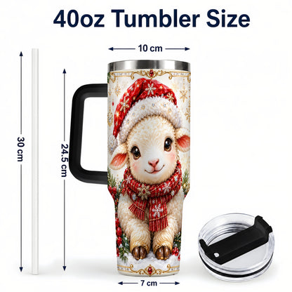 #pl[40oz|Black] Jeweled Christmas Lamb 40oz Tumbler with Handle, Ruby Holiday Sheep