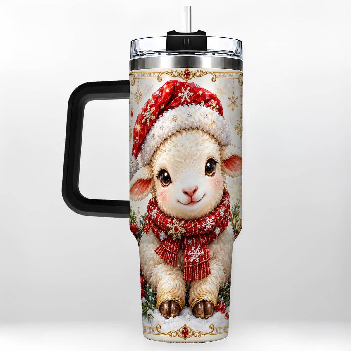 #pl[40oz|Black] Jeweled Christmas Lamb 40oz Tumbler with Handle, Ruby Holiday Sheep